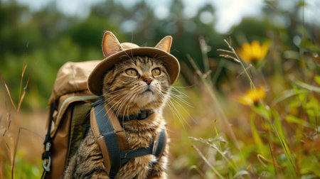A tourist cat with a backpack walking through a meadow. The concept of summer holidays and travel.の素材