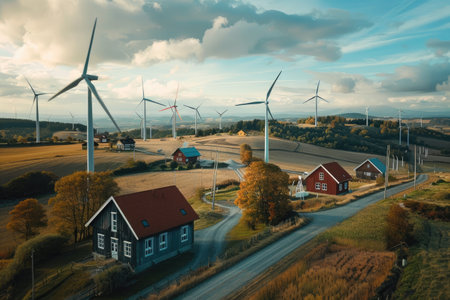 Wind farms in a small rural village. An eco-friendly electric generating device.の素材