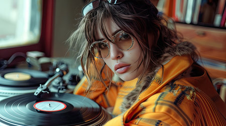 Girl with glasses in front of two vinyl. Retro disco. A collage of contemporary art.の素材