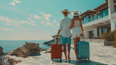 Young people with bare feet, with suitcases before checking into the hotel. Summer vacation. Journey.の素材