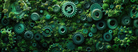 A creative background of green gears and plants. The concept of the business model and industry.の素材