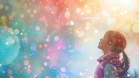 Joyful Young Woman in Sparkling Colorful Lights Sceneの素材