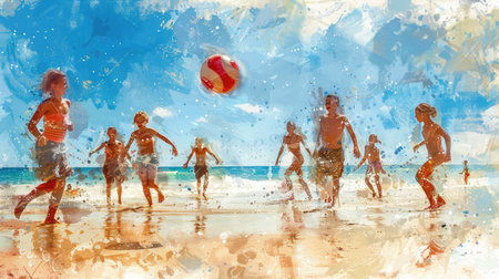 **Joyous Beach Day: Families Playing with Ball by the Seafront**の素材