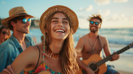 Vibrant Beach Party at Sunset with Friends Playing Guitar and Laughingの素材