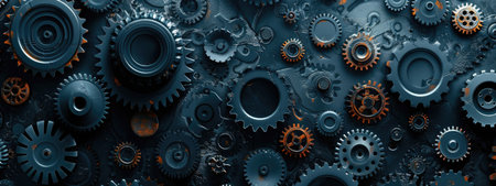 Intricate Mechanical Gears and Cogs in Shades of Blue and Orangeの素材
