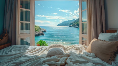 Stunning Ocean View from Cozy Bedroom with Open Windowsの素材