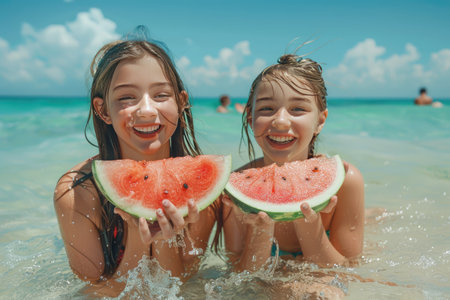 Joyful Children Enjoying Watermelon at Tropical Beachの素材