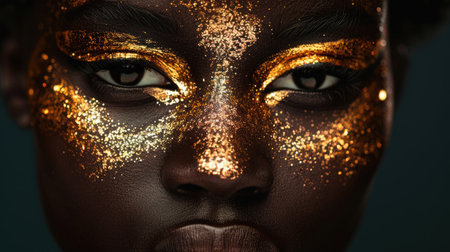 Dramatic Portrait of African Woman with Golden Glitter Makeupの素材