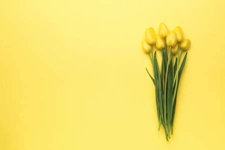 A lively bouquet of yellow tulips arranged against an equally vibrant yellow background, creating a cheerful.の写真素材