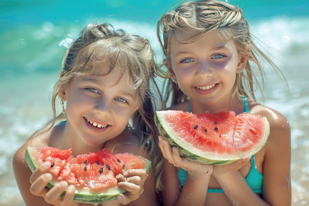 Two Smiling Young Girls Enjoying Watermelon on a Sunny Beach Dayの素材