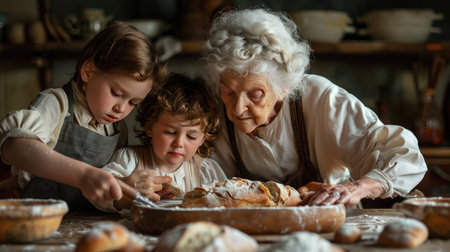 Grandmother and Grandchildren Baking Bread Together in Cozy Kitchenの素材