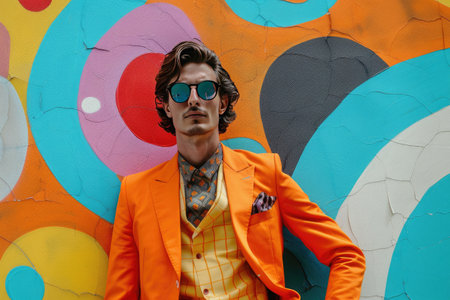 Stylish Man in Bright Orange Suit Posing Against Colorful Abstract Mural Backgroundの素材