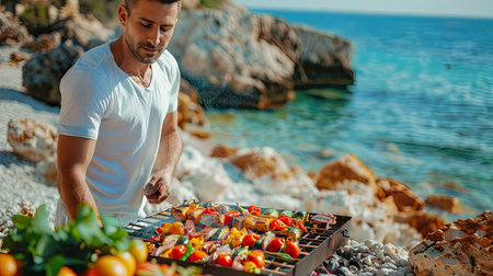Young Man Grilling Skewers on a Seaside Barbecue with Fresh Vegetables and Clear Ocean Viewsの素材