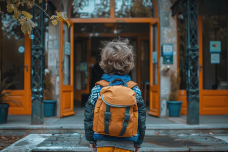 Back to School: Child with Backpack Entering School Building in Autumnの素材