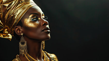Elegant African Woman in Gold Headwrap with Bold Makeup and Jewelry Against Dark Backgroundの素材