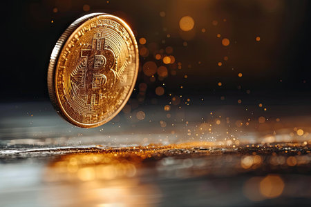 Golden Bitcoin Coin Hovering Above Sparkling Surface with Blurred Backgroundの素材