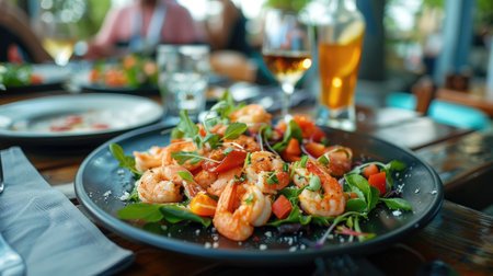Fresh Shrimp Salad with Vegetables on Black Plate at Outdoor Restaurantの素材
