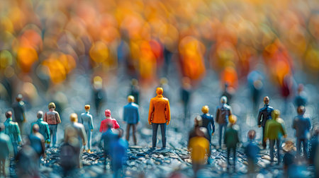 Crowded Scene of Miniature Figures with Single Orange Clothed Person Standing Out in Focusの素材