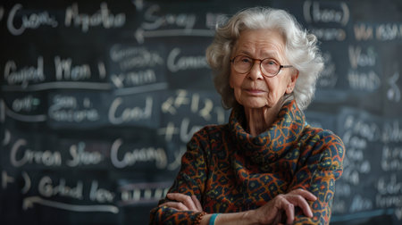Elderly Woman in Sweater Standing Against Blackboard With Mathematical Equationsの素材