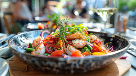 Healthy Shrimp Salad with Fresh Vegetables and Herbs in a Vibrant Restaurant Settingの素材