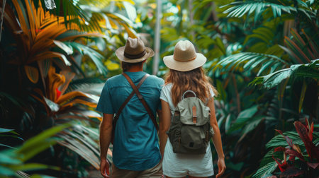 Couple Exploring Tropical Jungle Path in Casual Summer Outfits and Hatsの素材