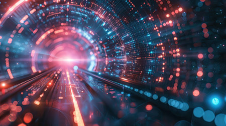 Futuristic Abstract Digital Data Tunnel with Glowing Lights and Fiber Optic Cablesの素材