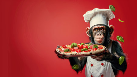 Chimpanzee Chef Holding Pizza Against Red Background Wearing Culinary Hat and Apronの素材