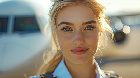 Confident Young Woman in Front of Airplanes at Airport During Sunsetの素材