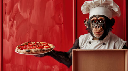 Chimpanzee Chef Holding Pizza in a Kitchen with Red Backgroundの素材