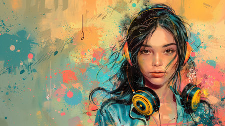 Colorful Portrait of a Young Woman with Headphones in Abstract Artistic Backgroundの素材