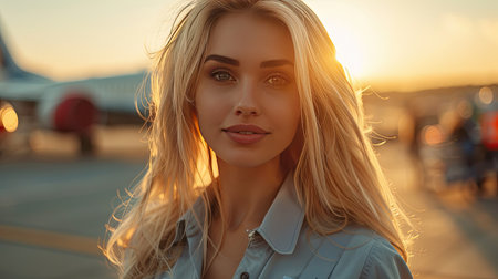 Beautiful Woman at Sunset Airport Terminal, Smiling with Airplane in Backgroundの素材