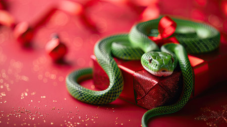 Green Snake Coiled on Red Gift Box with Ribbons and Glitter Backgroundの素材