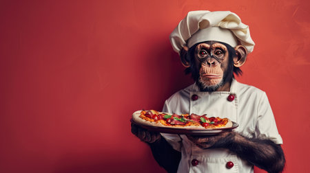 Chimpanzee Chef Holding Freshly Baked Pizza in Culinary Attire Against Red Backgroundの素材