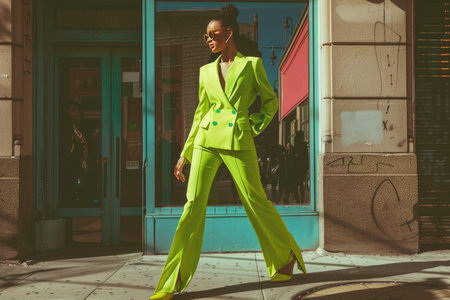 Confident Woman in Neon Green Suit Posing on Urban Streetの素材