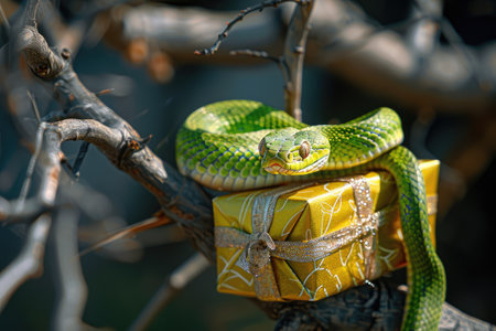 Green Snake Resting on Gift-Wrapped Present in Natural Outdoor Settingの素材