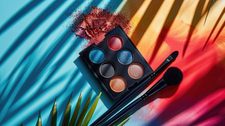 Vibrant Makeup Palette with Brushes and Tropical Shadows on Colorful Backgroundの素材
