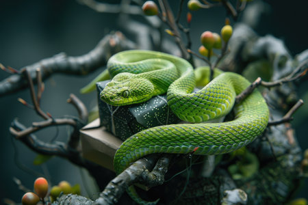 Vibrant Green Snake Coiled on Branch with Berries in Natural Habitatの素材