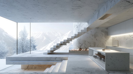 Modern Minimalist Winter Retreat with Concrete Interiors and Panoramic Mountain Viewsの素材