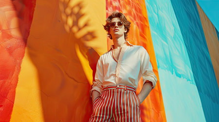 Stylish Young Man in Sunglasses Posing Against Vibrant Colorful Wall in Urban Settingの素材