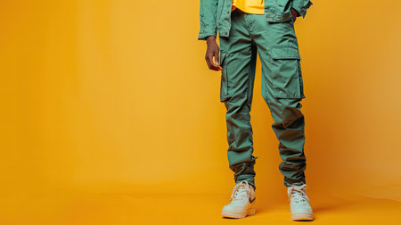 **Fashionable Green Cargo Pants and Sneakers Against Vibrant Yellow Backgroundの素材