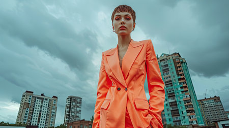 Confident Woman in Bright Orange Suit Stands Against Urban Skyline with Stormy Cloudsの素材
