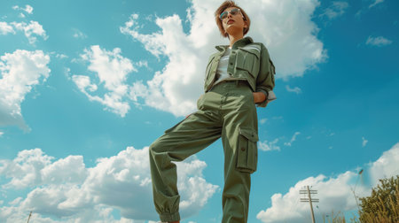 Confident Woman in Green Jumpsuit Posing Against Blue Sky with Cloudsの素材
