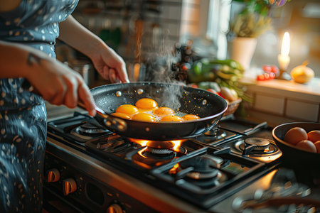 Person Cooking Eggs in Frying Pan on a Stove in Cozy Kitchen with Fresh Vegetables in the Backgroundの素材