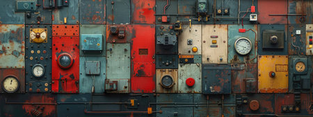 Vintage Industrial Control Panel with Rusty Gauges and Colorful Panelsの素材