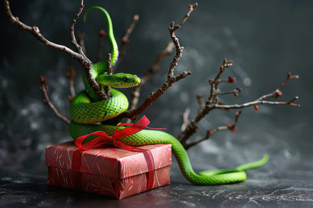 ** Green Snake Coiled Around Tree Branch Near Gift Box with Red Ribbon on Dark Backgroundの素材