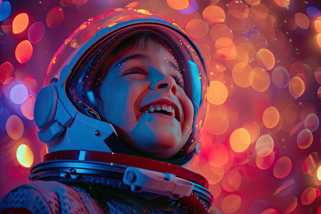 Joyous Child in Astronaut Helmet with Sparkling Bokeh Backgroundの素材