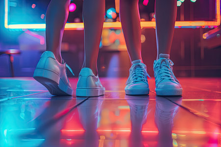 Trendy Sneakers in Neon-Lit Nightclub: Fashionable Footwear and Nightlife Vibesの素材