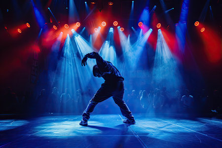 Dynamic Hip Hop Dancer Performing Under Vibrant Stage Lights in Front of Energized Crowdの素材
