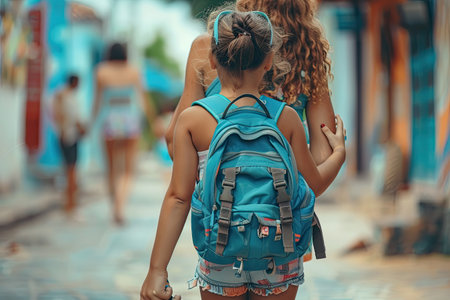 Back View of Young Girl with Backpack Walking in Vibrant Streetの素材