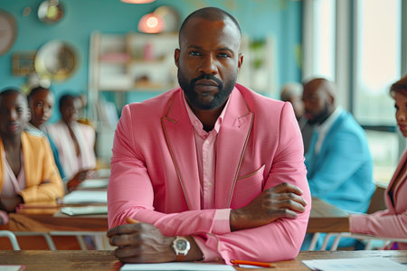 Business Team Discussion: Confident Leader in Pink Suit at Modern Office Meetingの素材